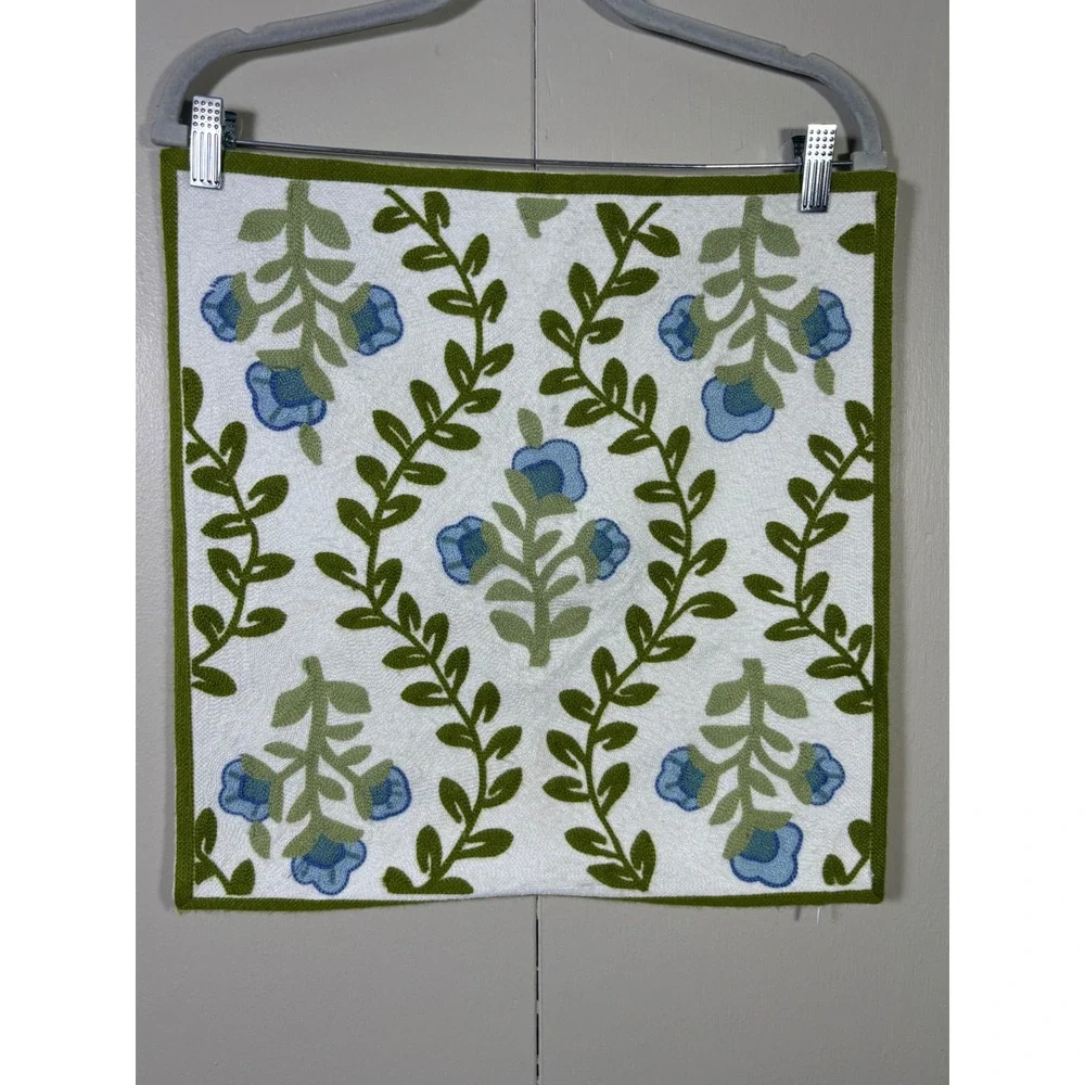 Floral Embroidered Throw Pillow Cover 17x17 Blue Green Crewel Chain Stitch